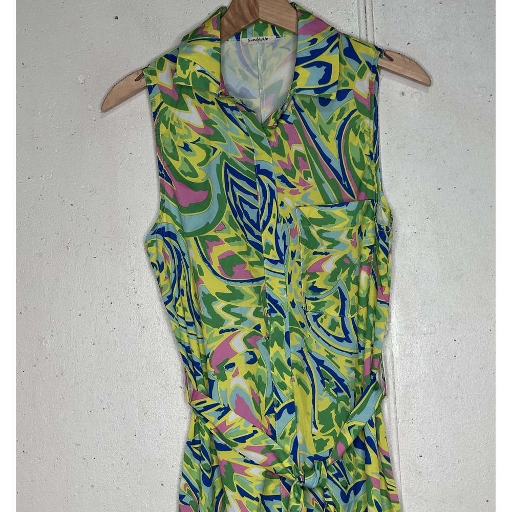 Sunday Up Shirt Dress Women's S Multicolor Pastel Abstract Sleeveless Belted - Picture 5 of 8